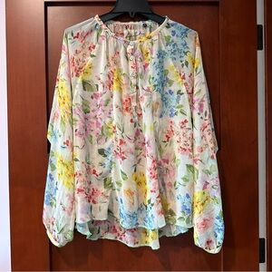 Arnold Zimberg Floral Blouse Sheer Button Long Sleeve